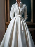GETADME Women Elegant Shirt Dress Long Sleeve Stand Collar White Minimalist A-Line Pleated Wedding Guest Long Dresses with Blet 2025