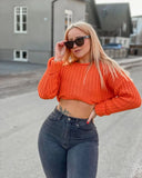GETADME Women Fashion Cropped Knitted Sweater Solid Color Round Neck Long Sleeve Pullovers Spring Autumn Casual Tops