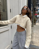 GETADME Women Fashion Cropped Knitted Sweater Solid Color Round Neck Long Sleeve Pullovers Spring Autumn Casual Tops