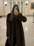GETADME Women Fashion Dark Brown Thicken Warm Faux Fur Long Overcoat Retro Full Sleeve Oversize Stand Collar Jacket New Lady Streetwear