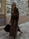 GETADME Women Fashion Dark Brown Thicken Warm Faux Fur Long Overcoat Retro Full Sleeve Oversize Stand Collar Jacket New Lady Streetwear