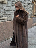 GETADME Women Fashion Dark Brown Thicken Warm Faux Fur Long Overcoat Retro Full Sleeve Oversize Stand Collar Jacket New Lady Streetwear