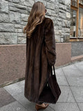 GETADME Women Fashion Dark Brown Thicken Warm Faux Fur Long Overcoat Retro Full Sleeve Oversize Stand Collar Jacket New Lady Streetwear