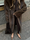 GETADME Women Fashion Dark Brown Thicken Warm Faux Fur Long Overcoat Retro Full Sleeve Oversize Stand Collar Jacket New Lady Streetwear