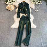 GETADME 여성 패션 데님 롱 팬츠 슈트 봄 V넥 골드 버튼 슬림 코트+하이웨이스트 스트레이트 진 투피스 세트