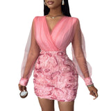GETADME Women Fashion Dress Fashion Floral Pattern Sheer Mesh Patch Long Sleeve V-Neck Elegant Party Dress
