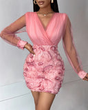 GETADME Women Fashion Dress Fashion Floral Pattern Sheer Mesh Patch Long Sleeve V-Neck Elegant Party Dress