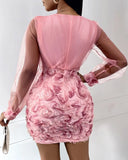 GETADME Women Fashion Dress Fashion Floral Pattern Sheer Mesh Patch Long Sleeve V-Neck Elegant Party Dress
