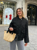 GETADME Women Fashion Glitter Long Sleeve Jacket Casual Single Breasted Buckle O Neck With Pocket Coat 2024 New Lady Commuting Outerwear