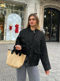 GETADME Women Fashion Glitter Long Sleeve Jacket Casual Single Breasted Buckle O Neck With Pocket Coat 2024 New Lady Commuting Outerwear
