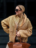 GETADME Women Fashion Glitter Long Sleeve Jacket Casual Single Breasted Buckle O Neck With Pocket Coat 2024 New Lady Commuting Outerwear