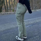 Jean taille haute GETADME pour femme, coupe droite, couleur unie, collection automne 2024. Pantalon cargo en denim avec poches, idéal pour le travail.