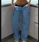 Jean taille haute GETADME pour femme, coupe droite, couleur unie, collection automne 2024. Pantalon cargo en denim avec poches, idéal pour le travail.