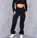 Jean taille haute GETADME pour femme, coupe droite, couleur unie, collection automne 2024. Pantalon cargo en denim avec poches, idéal pour le travail.