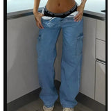 Jean taille haute GETADME pour femme, coupe droite, couleur unie, collection automne 2024. Pantalon cargo en denim avec poches, idéal pour le travail.
