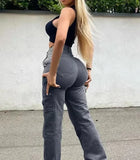 Jean taille haute GETADME pour femme, coupe droite, couleur unie, collection automne 2024. Pantalon cargo en denim avec poches, idéal pour le travail.