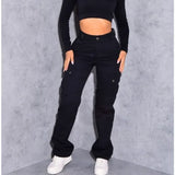 Jean taille haute GETADME pour femme, coupe droite, couleur unie, collection automne 2024. Pantalon cargo en denim avec poches, idéal pour le travail.