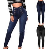 GETADME Women High Waist Pencil Jeans Double-breasted Button Fly Denim Pants Skinny Hip Lifting Long Trousers Lady Sexy Bodycon Jeans