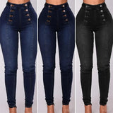 GETADME Women High Waist Pencil Jeans Double-breasted Button Fly Denim Pants Skinny Hip Lifting Long Trousers Lady Sexy Bodycon Jeans