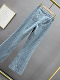 GETADME Women Jeans High Waist Embroidered Flares Plaid Pearls Straight Beading Pendant Denim Pants 2025 Autumn New Fashion