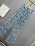 GETADME Women Jeans High Waist Embroidered Flares Plaid Pearls Straight Beading Pendant Denim Pants 2025 Autumn New Fashion
