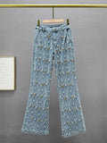 GETADME Women Jeans High Waist Embroidered Flares Plaid Pearls Straight Beading Pendant Denim Pants 2025 Autumn New Fashion