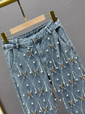 GETADME Women Jeans High Waist Embroidered Flares Plaid Pearls Straight Beading Pendant Denim Pants 2025 Autumn New Fashion