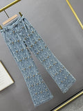 GETADME Women Jeans High Waist Embroidered Flares Plaid Pearls Straight Beading Pendant Denim Pants 2025 Autumn New Fashion