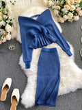 GETADME Women Korean New Style Cross V-neck Puff Sleeve Short Waist Top + Elastic High Waist Pleated Skirt Knitting Two Piece D040