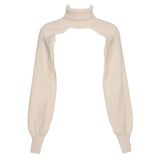 GETADME Women Lantern Long Sleeve Sweater Sexy Hollow Out Turtleneck Solid Color Crop Top Ribbed Knit Loose Shrug Cover Up