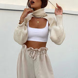 GETADME Women Lantern Long Sleeve Sweater Sexy Hollow Out Turtleneck Solid Color Crop Top Ribbed Knit Loose Shrug Cover Up
