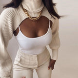 GETADME Women Lantern Long Sleeve Sweater Sexy Hollow Out Turtleneck Solid Color Crop Top Ribbed Knit Loose Shrug Cover Up
