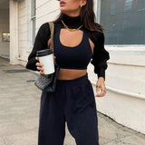 GETADME Women Lantern Long Sleeve Sweater Sexy Hollow Out Turtleneck Solid Color Crop Top Ribbed Knit Loose Shrug Cover Up