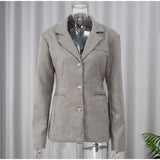 GETADME Women Lapel Long Sleeves Plaid Jacket Khaki Woman Commute V Neck Loose Coat  Female Fashion Charm Office Street Outercoats