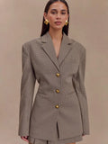GETADME Women Lapel Long Sleeves Plaid Jacket Khaki Woman Commute V Neck Loose Coat  Female Fashion Charm Office Street Outercoats