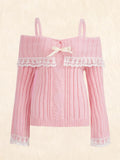GETADME Women Long Sleeve Contrast Lace Knit Pullovers Autumn Winter Cold Shoulder Sweaters Bow Front Jumper Tops Beige/Pink
