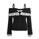 GETADME Women Long Sleeve Contrast Lace Knit Pullovers Autumn Winter Cold Shoulder Sweaters Bow Front Jumper Tops Beige/Pink
