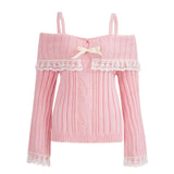GETADME Women Long Sleeve Contrast Lace Knit Pullovers Autumn Winter Cold Shoulder Sweaters Bow Front Jumper Tops Beige/Pink