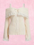 GETADME Women Long Sleeve Contrast Lace Knit Pullovers Autumn Winter Cold Shoulder Sweaters Bow Front Jumper Tops Beige/Pink