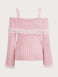 GETADME Women Long Sleeve Contrast Lace Knit Pullovers Autumn Winter Cold Shoulder Sweaters Bow Front Jumper Tops Beige/Pink