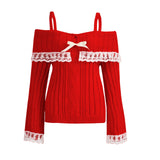 GETADME Women Long Sleeve Contrast Lace Knit Pullovers Autumn Winter Cold Shoulder Sweaters Bow Front Jumper Tops Beige/Pink