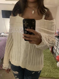GETADME Women Long Sleeve Contrast Lace Knit Pullovers Autumn Winter Cold Shoulder Sweaters Bow Front Jumper Tops Beige/Pink