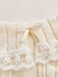GETADME Women Long Sleeve Contrast Lace Knit Pullovers Autumn Winter Cold Shoulder Sweaters Bow Front Jumper Tops Beige/Pink