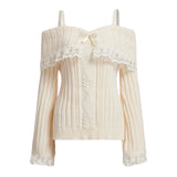GETADME Women Long Sleeve Contrast Lace Knit Pullovers Autumn Winter Cold Shoulder Sweaters Bow Front Jumper Tops Beige/Pink