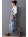 GETADME Women Loose Denim Dress Ladies Bleached Holes Denim Dress Female Spaghetti Strap Ripped Vintage Denim Dresses
