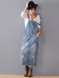 GETADME Women Loose Denim Dress Ladies Bleached Holes Denim Dress Female Spaghetti Strap Ripped Vintage Denim Dresses