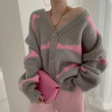 GETADME Women Loose Striped Sweaters Korea Loose V-neck Long Sleeve Knitting Cardigan Jacket Outfits Blusa Feminina Tops Mujer 2022