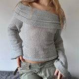 GETADME Women Off the Shoulder Knitted Sweater Top Cozy Lazy Long Sleeve Pullovers Cottage Y2k Aesthetic Bowknot Pattern Jumpers T-shirt