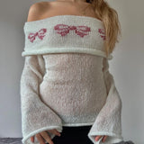GETADME Women Off the Shoulder Knitted Sweater Top Cozy Lazy Long Sleeve Pullovers Cottage Y2k Aesthetic Bowknot Pattern Jumpers T-shirt