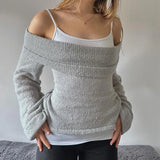 GETADME Women Off the Shoulder Knitted Sweater Top Cozy Lazy Long Sleeve Pullovers Cottage Y2k Aesthetic Bowknot Pattern Jumpers T-shirt